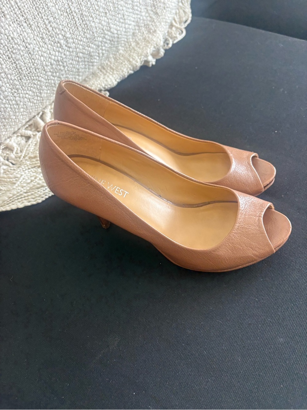 Nine West Tan Leather Peep-Toe Kitten Heels